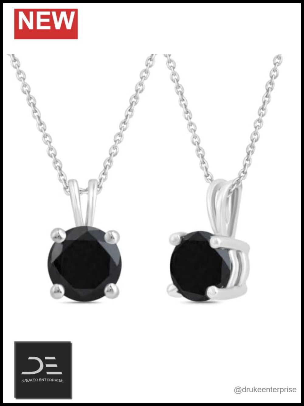 1.50 CTTW Black Diamond Solitaire Pendant 14K White Gold Plated 925 Silver 18"